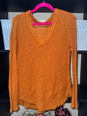 We The Free Open-Knit V-Neck Sweater in Orange
